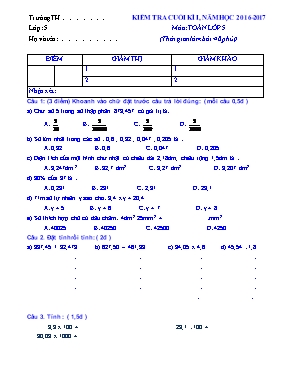 Đề và đáp án kiểm tra cuối học kì I Toán khối 5 - Năm học 2016-2017